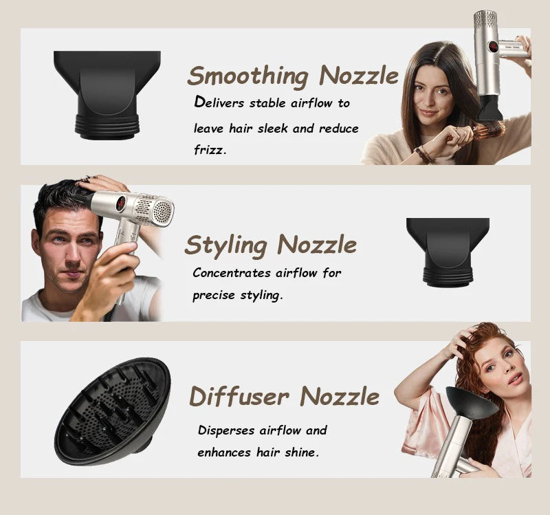 High-speed hair dryer with LCD display, 110000RPM, negative ion, T-shaped, lightweight, brushless motor, quick-drying, low noise