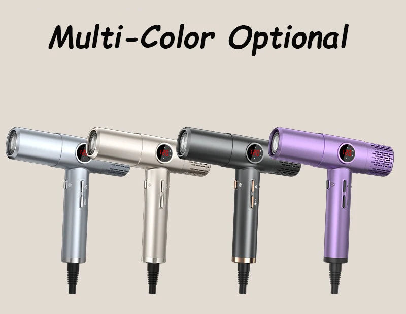 High-speed hair dryer with LCD display, 110000RPM, negative ion, T-shaped, lightweight, brushless motor, quick-drying, low noise