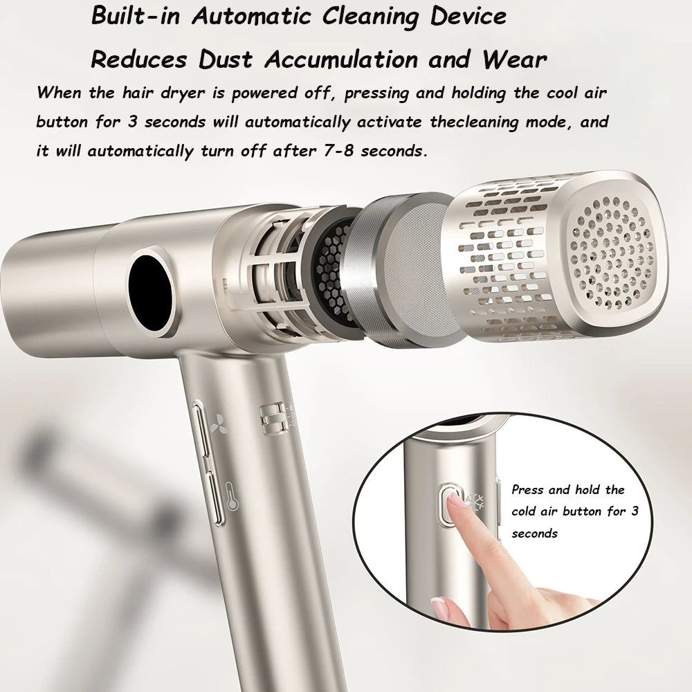 High-speed hair dryer with LCD display, 110000RPM, negative ion, T-shaped, lightweight, brushless motor, quick-drying, low noise