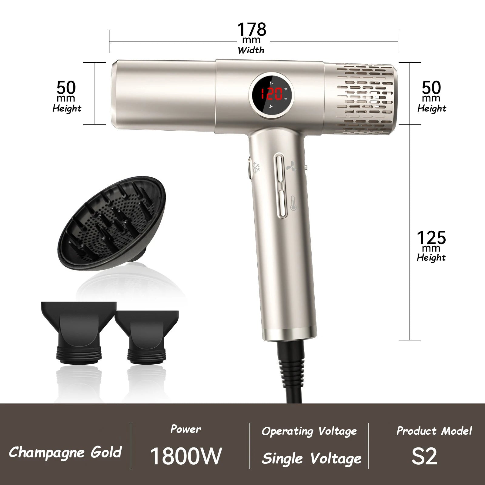 High-speed hair dryer with LCD display, 110000RPM, negative ion, T-shaped, lightweight, brushless motor, quick-drying, low noise