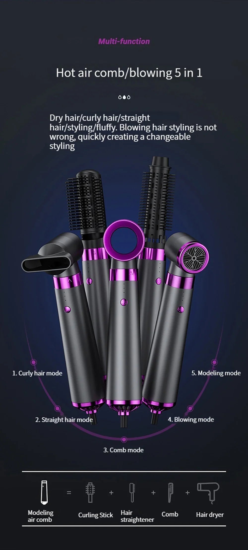 Multi functional hair dryer 5-in-1 hot air comb straight hair comb negative ion hair care curling iron hair dryer styling
