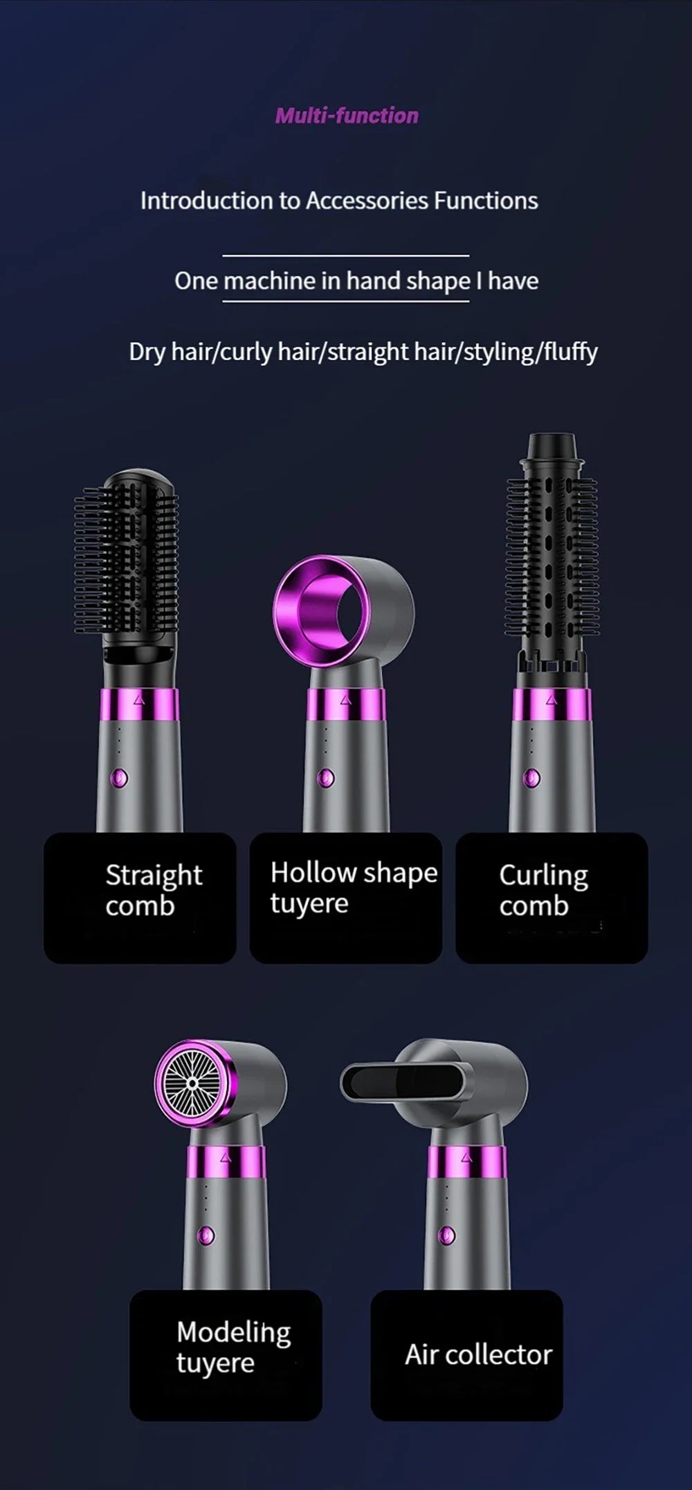 Multi functional hair dryer 5-in-1 hot air comb straight hair comb negative ion hair care curling iron hair dryer styling