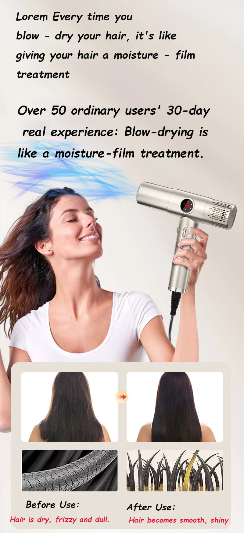 High-speed hair dryer with LCD display, 110000RPM, negative ion, T-shaped, lightweight, brushless motor, quick-drying, low noise