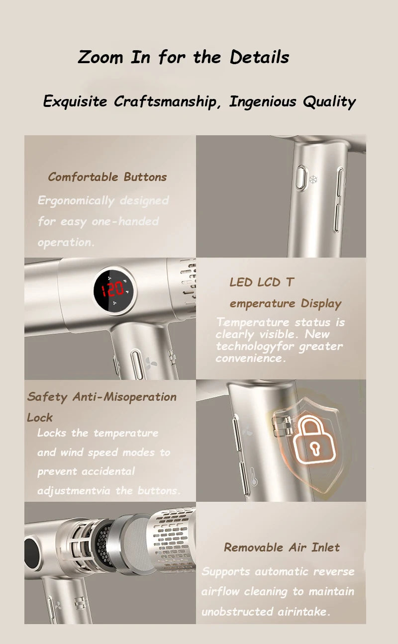 High-speed hair dryer with LCD display, 110000RPM, negative ion, T-shaped, lightweight, brushless motor, quick-drying, low noise