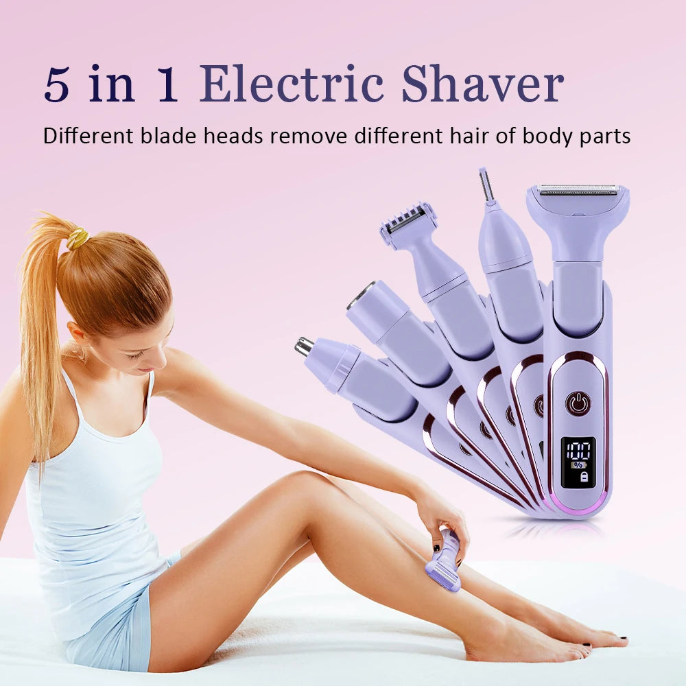5 In 1 Electric Lady Shaver Portable Body Hair Removal Epilator Rechargeable Painless Cordless Trimmer Razor for Women