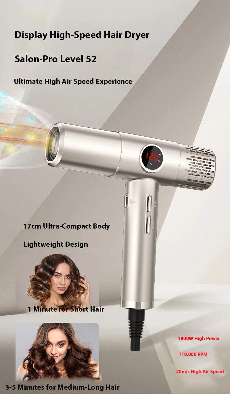 High-speed hair dryer with LCD display, 110000RPM, negative ion, T-shaped, lightweight, brushless motor, quick-drying, low noise