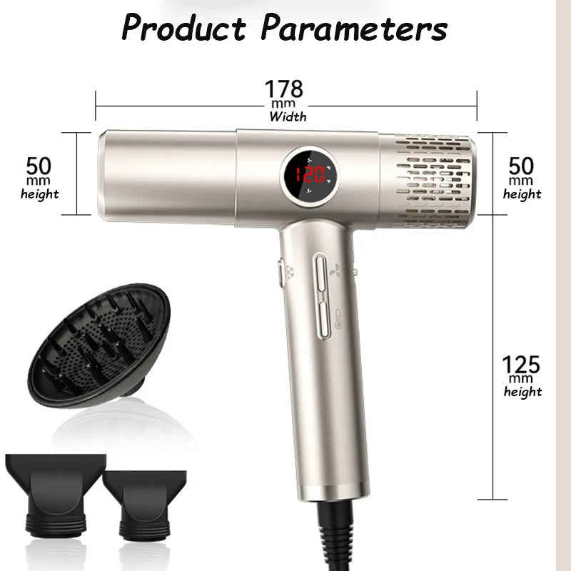 High-speed hair dryer with LCD display, 110000RPM, negative ion, T-shaped, lightweight, brushless motor, quick-drying, low noise