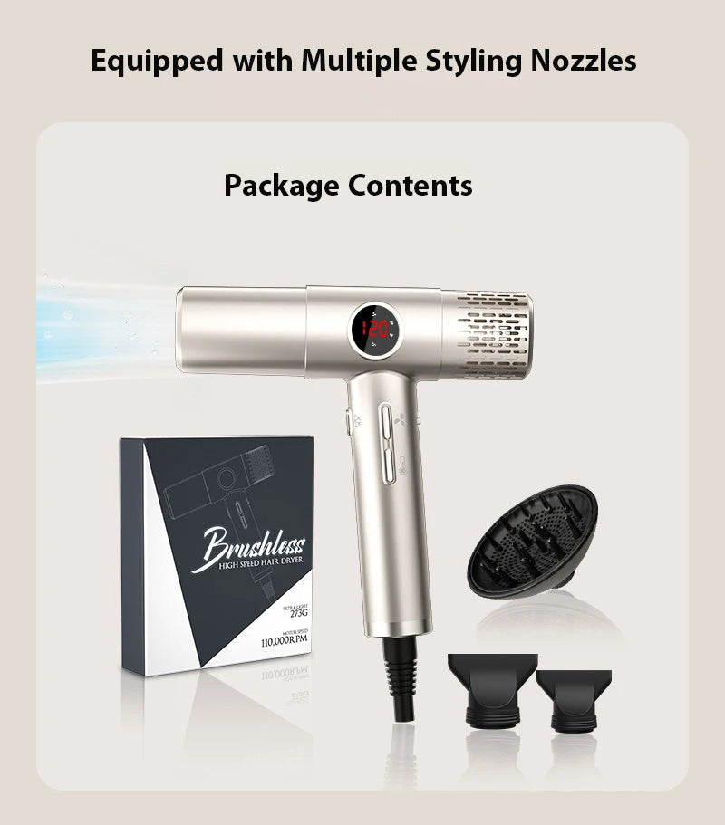 High-speed hair dryer with LCD display, 110000RPM, negative ion, T-shaped, lightweight, brushless motor, quick-drying, low noise