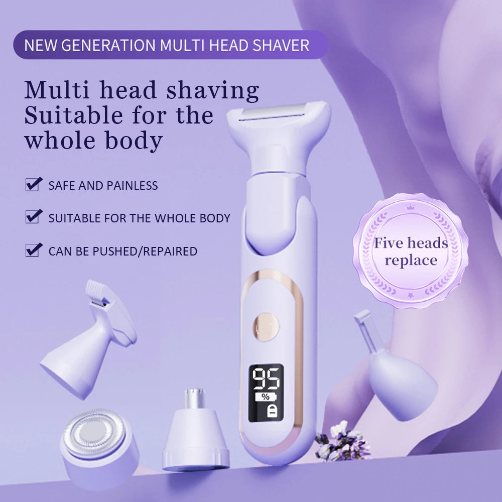 5 In 1 Electric Lady Shaver Portable Body Hair Removal Epilator Rechargeable Painless Cordless Trimmer Razor for Women