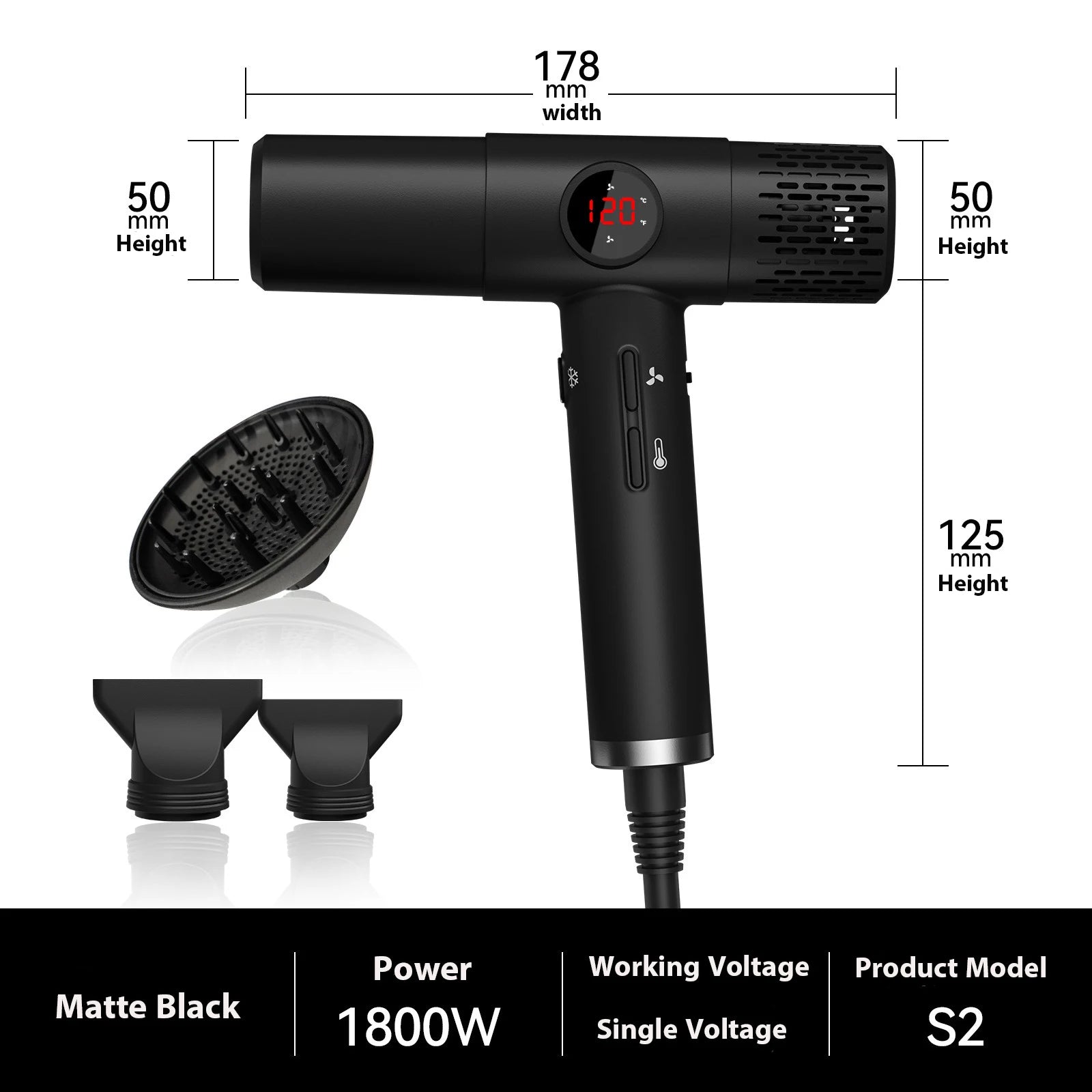 High-speed hair dryer with LCD display, 110000RPM, negative ion, T-shaped, lightweight, brushless motor, quick-drying, low noise