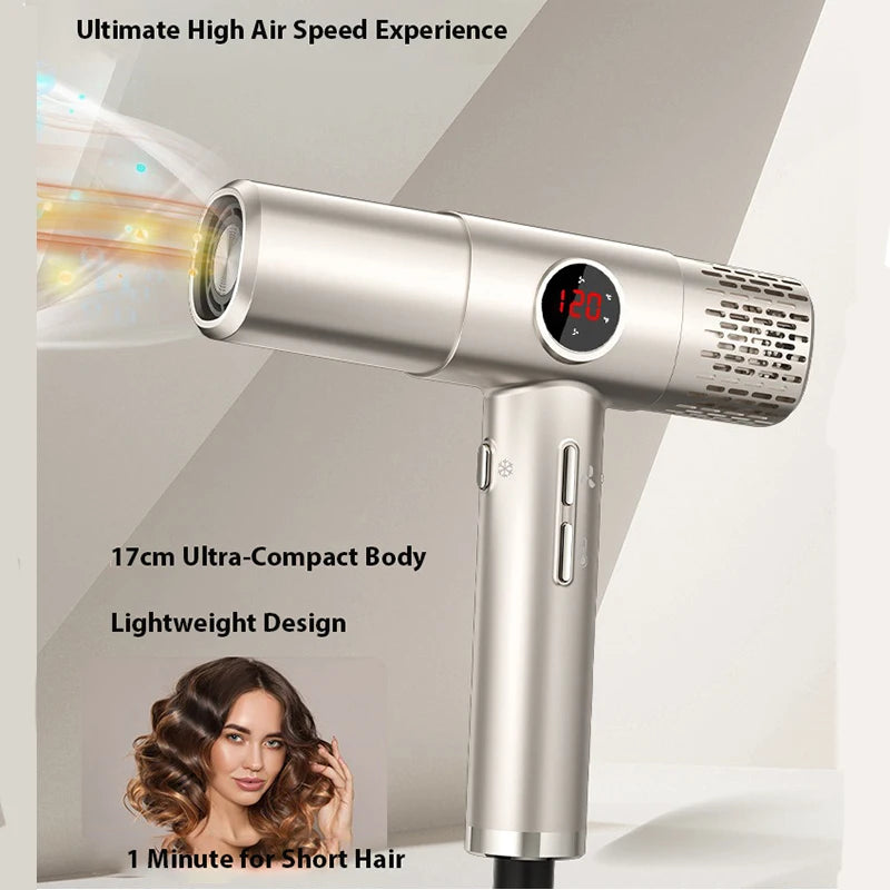 High-speed hair dryer with LCD display, 110000RPM, negative ion, T-shaped, lightweight, brushless motor, quick-drying, low noise